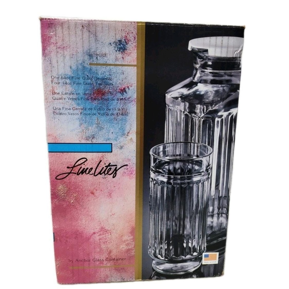 VTG Anchor Hocking Ribbed Glass  Linelites Glassware Set Decanter 4 Tumblers NIP